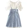 Mode chiffon blouses + denim suspender kjol sommar 2 stycken sätter kvinnor casual söta kort ärm toppar och en linje mini kjolar 210730