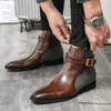 Män skor 2021 Ny vår höst Botiner Boots Buckle Ankle Slip på enkelhet Rund tå PU Läder Klänning Klassisk Bekväm Office DP077