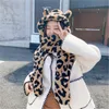 Berets Design Cute Leopard Print Hat And Gloves Scarf With Ears Warm Soft Faux Fur Autumn Winter Funny Personality Trend Caual