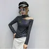 Hollow Out Shoulder Women Slim Tshirt Lady Sexy Shiny Dancing Top Long Sleeve Bling Bling Crop Tees New T200512