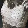 Sexy Transparent Silk Bright Diamond Pearls Long-sleeved Mesh Tops Women Fashion Streetwear European Spring And Summer