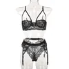 Meikedainicey 2021 Sexig underkläder Set Lace Broderi Bra och Panty Set Garter Belt 2 Piece Black Underwear X0526