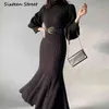 Elegante vintage vestido de mujer gebreide trui maxi jurken voor vrouwen wol lantaarn mouw turtleneck koreaanse mode kleding G1214