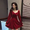 Casual Dresses 2021 Temperament Women's Clothing Bow Empire Square Collar Solid A-line Vintage Style Spring Mini-dress Red Ins