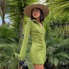 Kriptografik Turn-down Yaka Yeşil Kadın Gömlek Elbiseler Kulübü Parti Uzun Kollu Düğme Mini Elbise Tatil 2021 Bahar Streetwear X0705