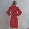 Moda Ruffles Heart Dot Dring Dress Kobiety Elegancki Pełny Rękaw Wysokowy Talia Ladies Wiosna Jesień Długa Dress Red 210715