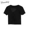 Yitimuceng Folds T-shirts Kvinna Hollow Skinny Harajuku Tees Solida Svart Blå Toppar Sommar Koreansk Fashion Stickade Tshirts 210601