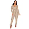 Kobiety Jumpsuits Rompers Glitter cekin splatek seksowne chude kombinezony kobiety głębokie v szyja długi rękaw Bodycon romper bashes club impreza