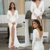 Boho crepe sjöjungfru bröllopsklänningar med slits spets applikationer V-hals Backless Långärmad strand Brudklänningar Vestido de Noiva