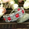 Vintage Bohemia Style Tibetan Silver Red/blue Stone Bracelets Square Beads Carving Charm Bangles&bracelets for Women Jewelry Q0719