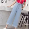Zoki Frühling Plus Größe Frauen Jeans Quaste Hohe Taille Elastische Knöchel-Länge Denim Hosen Mode Lose Breite Bein Weibliche Jeans s-5XL 210302