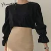 Yitimuceng Office Lady Blouse Women Slim Shirts Flare Sleeve Khaki White Black Clothes Spring Summer French Fashion Tops 210601