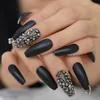 Faux ongles mat noir 3D strass acrylique ongles conseils cercueil luxueux presse sur doigt ballerine 24CT Prud22