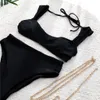 Womens Sexy Swimsuit, Bikini Swimwear, Natação Beachwear Two-Peça Preto Corrente Corrente Decoração Moda Cintura Cintura Corte Swimsuits Bikinis Bath Roupa interior para meninas