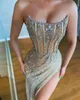 Plus size Arabische aso ebi luxueuze sexy lovertjes prom jurken kristallen hoge split avond formeel feest tweede receptie jurken jurk zj206