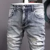 Italienische Mode Herren Jeans Retro Grau Blau Elastisch Slim Fit Zerrissene Patchwork Vintage Designer Casual Denim Hosen