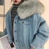 Jocoo Joleeの女性冬の厚いジャンジャケットフリースフード付きデニムコート女性Lambの毛皮詰まった暖かいデニムジャケットの出版物のプラスサイズ210619
