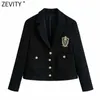 Zevity Women England Style Badge Patch Breasted Woolen Blazer Coat Vintage Long Sleeve Pockets Female Outerwear Chic Tops CT663 210603