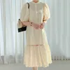 Korejpaa Women Dress Korea Chic Elegant Stand Collar Single-breasted Lace Embroidery Hollow Lantern Sleeve Long Vestido 210526