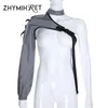 Women's T-Shirt ZHYMIHRET Reflective One Shoulder Halter T Shirt Women Bag Buckle 2021 Autumn Neon Crop Top Long Sleeve Tshirt Female Street