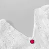 Blanc élégant robe de bal pour les femmes col en V bouffée à manches courtes taille haute évider Mini robes femme été mode 210531