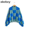 Kobiety Moda Plaid Wzór Zgadniony Turtleneck Sweter Latarnia Z Długim Rękawem Kobiet Swetry Szyków Topy BC92A 211123