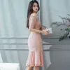 Off Shoulder Midi Jurken Dames Korea Roze Zomer Sexy Korte Kant Mouw Business Office Party for Women 210602