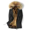 Mäns Läder Faux Parka Män Real Raccoon Fur Liner Long Coat Winter Jacket Plus Size Parkas Chaqueta Hombre Jhlpkf-01 MY1153