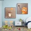 Nordic Modern Wall Art Canvas schilderij Cartoon kat met vis Posters en prints voor kinderkamer Leuke dier woondecoratie