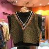 V Neck Sweater Vest Vintage Women Beading Knitted Pullovers Casual Female Sleeveless Waistcoat Loose Korean Tops 210601