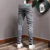 Men's Jeans Korean Style Fashion Designer Men Retro Gray Elastic Slim Ripped Winter Velvet Warm Casual Denim Pencil Pants