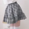 春の甘い格子縞のフリルミニスカートグレーピンクの日本のルーズファッションアラインガールズスカート女性ロリータJKカレッジスタイルスカート210306