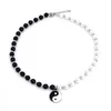 Fashion Pearl Necklace for Men Women Black White Beaded Choker Necklaces Goth Yin Yang Pendant Necklace Handmade Jewelry