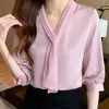 Kadın Bluzlar Kadınlar Için Gömlek Gömlek Pembe Kısa Kollu 2021 Yaz V Yaka Üst Kadın Blusas Katı Yay Şifon Zarif Moda Giyim
