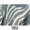 TRAF Kobiety Moda Jacquard Animal Print Loose Crop Knit Sweter Vintage O Neck Z Długim Rękawem Kobiet Pulowers CHIC Topy Y1110