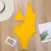 Popularny stały kolor damski puste krojone bikini kostium kąpielowy plaża One Piece Swimsuit High tali