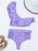 Sexy Bikini Set One Shoulder Ruffle Padded Bra Slim Crop Top Stretch Thong 2 Piece Set Beach Sunbath Swimsuits Summer 210604
