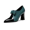 Dress Shoes Color-blocking Cowhide Bow Deep-mouth High-heeled For Autumn And Winter 2021 Pointed Thick