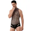 One-Piece Suits Mens See-through Netted Lingerie Bodysuits Hollow Out Fishnet Bodystockings Halter Neck Sleeveless Stretchy Nightwear