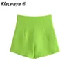 Klacwaya Za Dames Groene Hoge Taille Shorts Zomer Elegante Knoopt Zakdecoratie Geweven Casual 210724