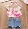 Kids Summer Girls Clothing Sets Off Shoulder Top Shirt+Hole Pants+Hairband 3PCS Children Cloth Girl Clothes set