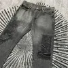 صور حقيقية من الجينز المغسول المطرز الثقيل للرجال والنساء بنطلون جينز كبير الحجم مرقع