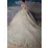 Luxury Ball Gown Wedding Dresses Long Sleeve V-Neck Beads Appliques Lace Arabic Wedding Bridal Gowns Crystal Vestidos De Novia