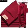 Klassieke stijl heren wijn rode jeans mode zakelijke casual rechte denim stretch broek mannelijke merk broek 210716