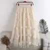 Surmiitro printemps été longue jupe plissée en tulle femmes coréenne maille broderie florale taille haute esthétique jupe midi femme 210712