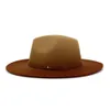 أزياء المرأة التدرج اللون براون حزام الديكور كبير حافة الجملة فيدورا شعرت القبعات للجنسين الجاز حزب قبعة الرسمية