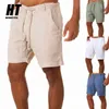 Zomer mannen shorts linnen ademend katoen sport dun lichtgewicht trekkoord solide losse strand korte broek 210714