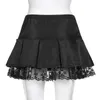 Jupes Sexy Noir Goth Esthétique Plissée Femmes Bowknot Dentelle Garniture Taille Basse E Fille Mini Jupe Punk Dark Academia Danse Streetwear