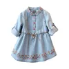 Spring Autumn 3-12 Ages Kids Embroidery Flower Long And Short Sleeve Double Use Denim Blue Elegant Dress For Girl With Belt 210529