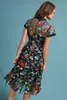 Black Women Dresses 2021 Runway Floral Embroidery Sheer Mesh Maxi Dress O Neck Short Sleeve Tunic Evening party